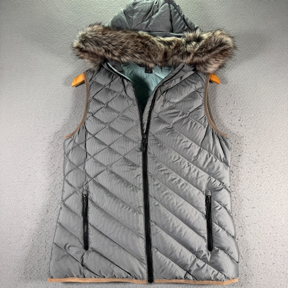 Eddie Bauer‎ 650 Quilted Goose Down Puffer Vest Womens Medium Blue Gray Faux Fur
